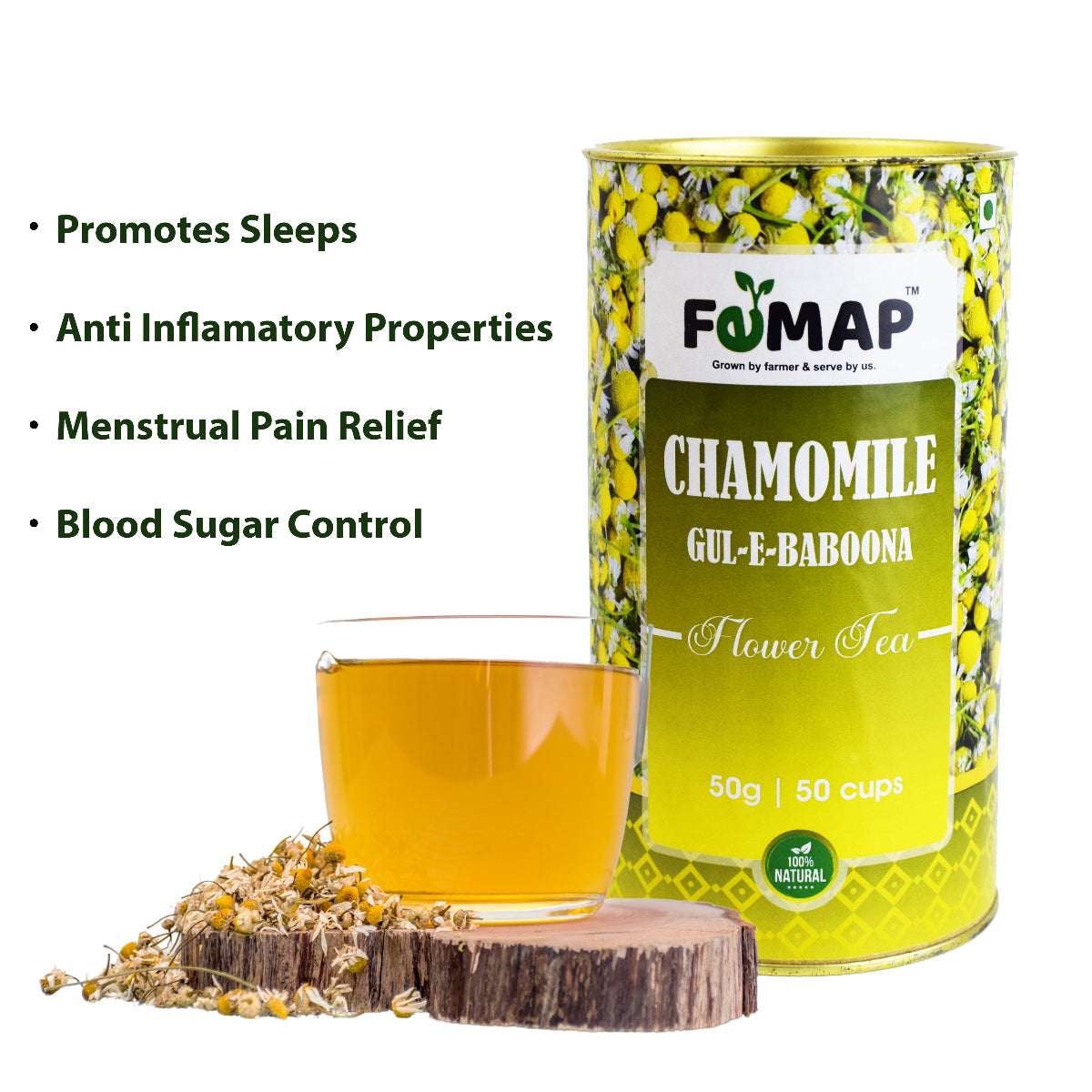 FEMAP Chamomile Tea 50g can with brewed tea and benefits like sleep support, menstrual relief, and blood sugar control
