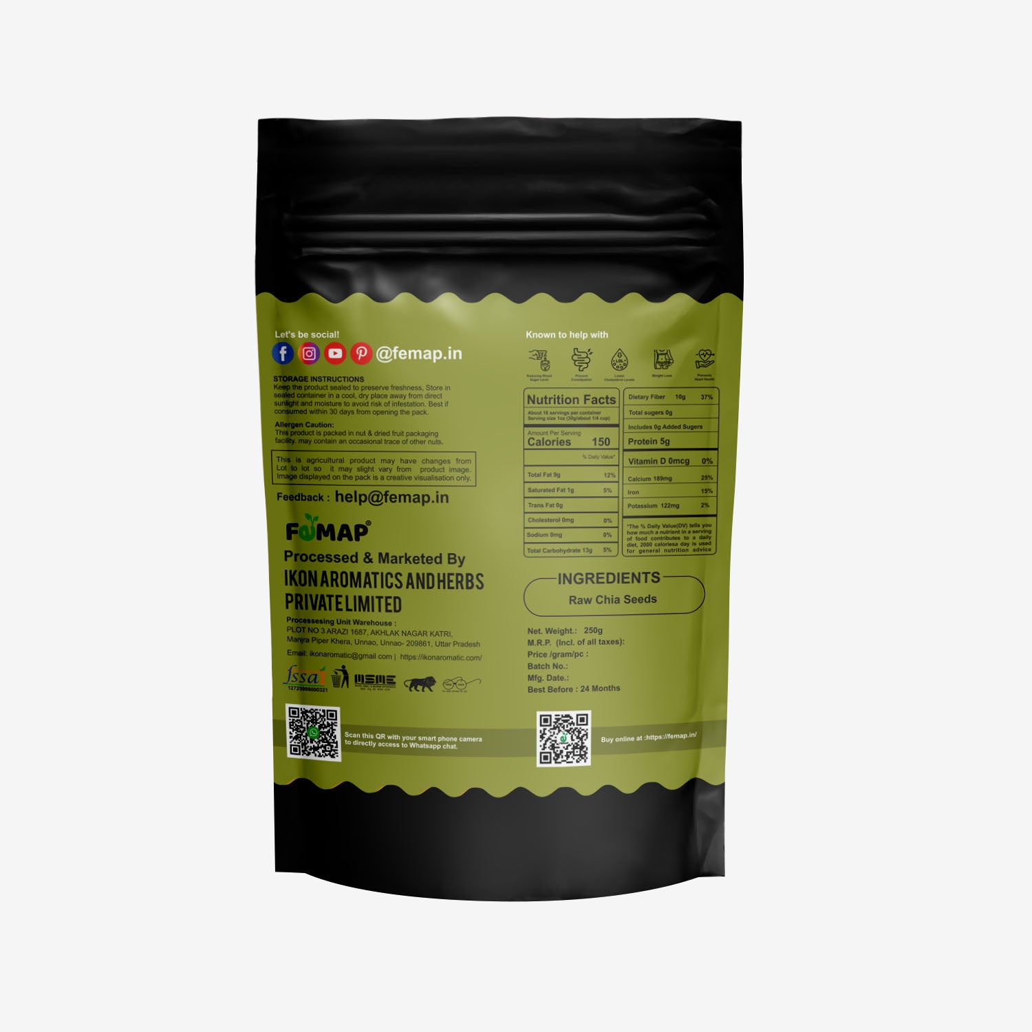 Back packaging of Femap chia seeds showing ingredients, nutrition facts, storage instructions, and brand details.