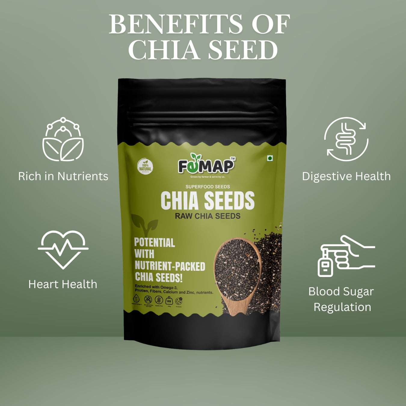 Health benefits of chia seeds by Femap – supports digestive health, heart health, blood sugar regulation, and nutrient absorption.