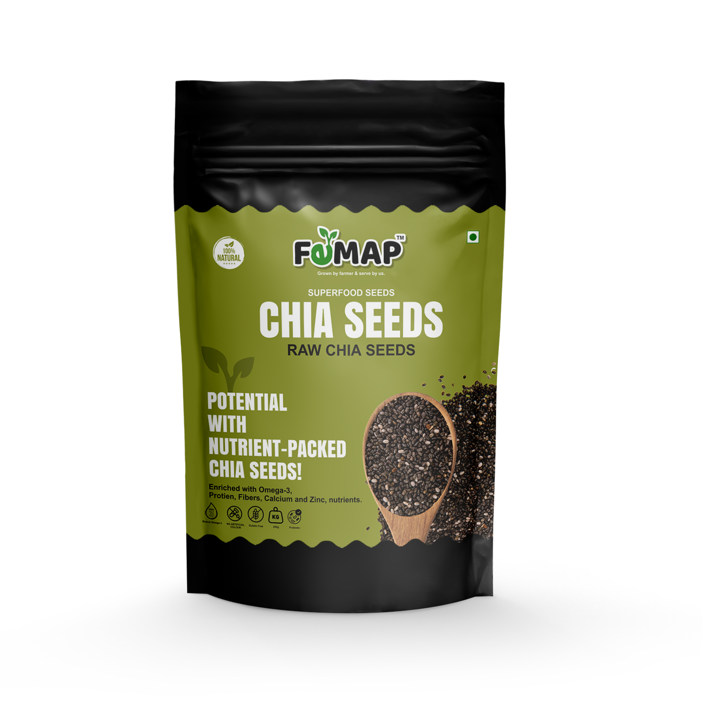 Front packaging of Femap raw chia seeds – nutrient-packed superfood rich in omega-3, fiber, and protein.