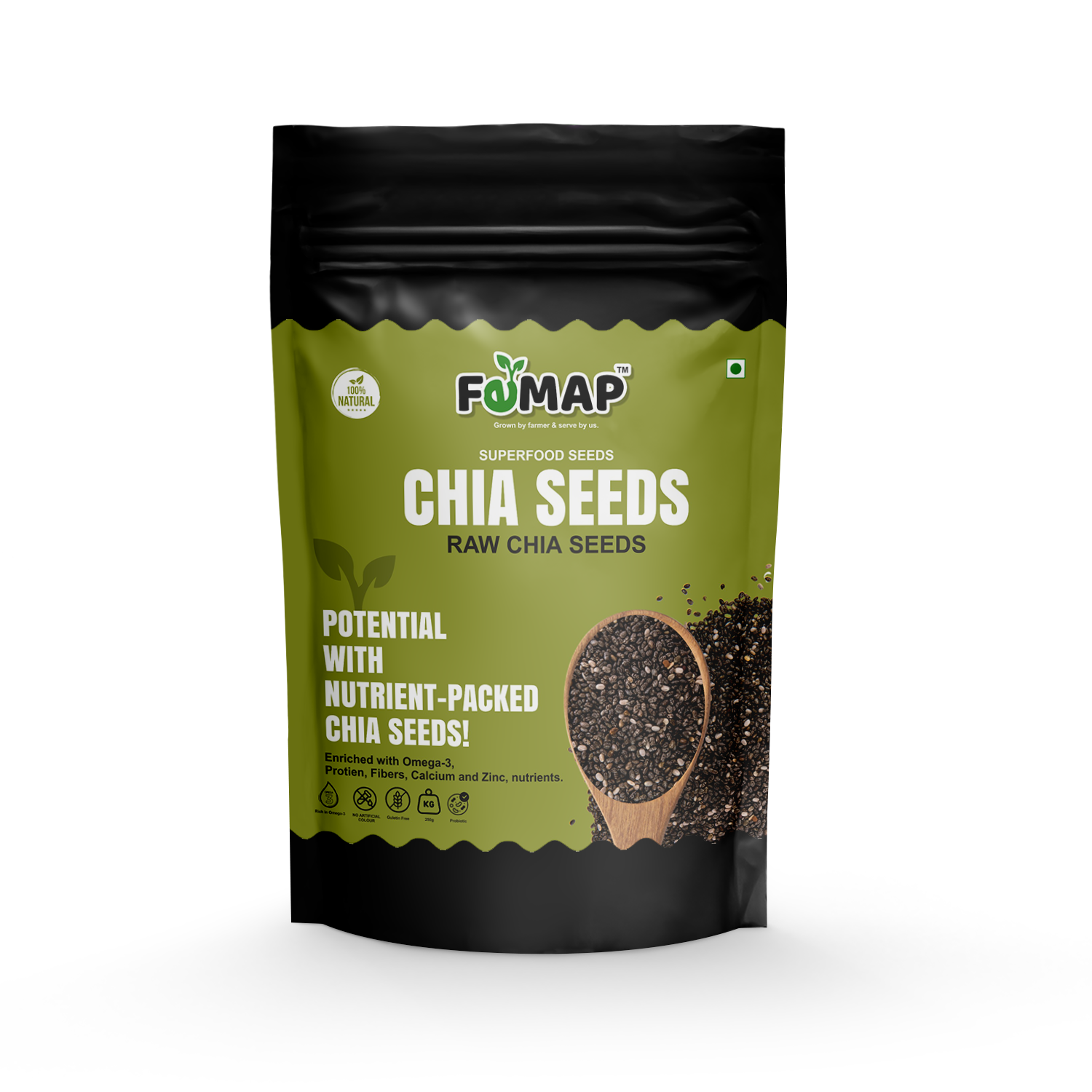 Front packaging of Femap raw chia seeds – nutrient-packed superfood rich in omega-3, fiber, and protein.
