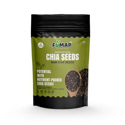 Front packaging of Femap raw chia seeds – nutrient-packed superfood rich in omega-3, fiber, and protein.