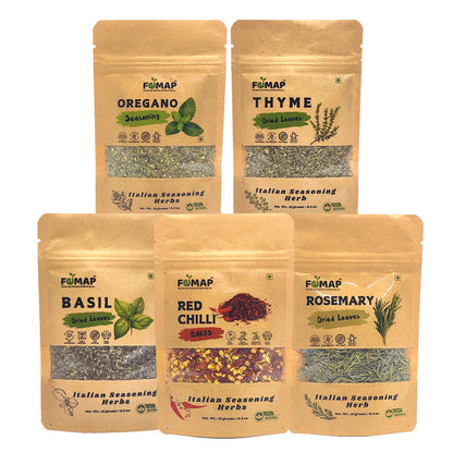 A collection of five pouches of Femap Seasonings Herbs & Spices in different flavors, including Thyme, Basil, Chilli Flakes, Oregano, and Rosemary.