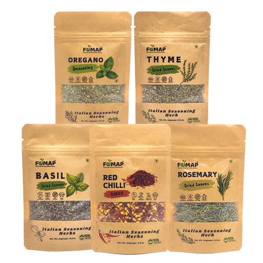 A collection of five pouches of Femap Seasonings Herbs & Spices in different flavors, including Thyme, Basil, Chilli Flakes, Oregano, and Rosemary.