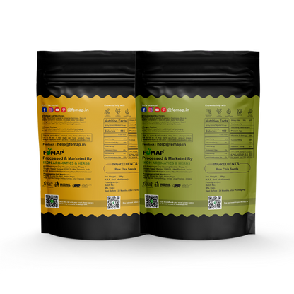 Two packages of Femap branded Flax Seeds and Chia Seeds back side package, with the Flax Seeds in a yellow package and the Chia Seeds in a green package. Both packages have the brand logo and essential seed images.