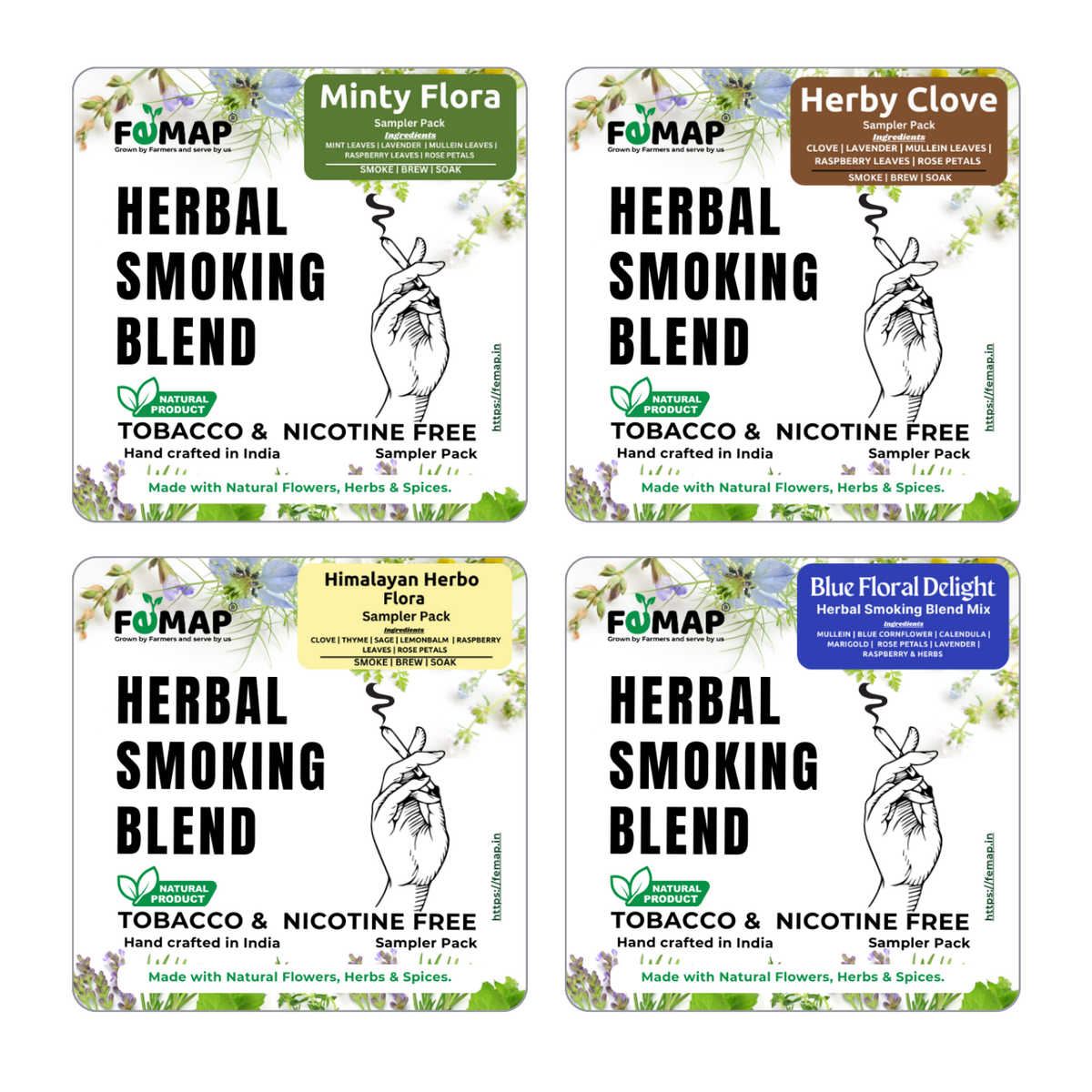 Set of FEMAP herbal smoking blend packages with different flavors on a white background.