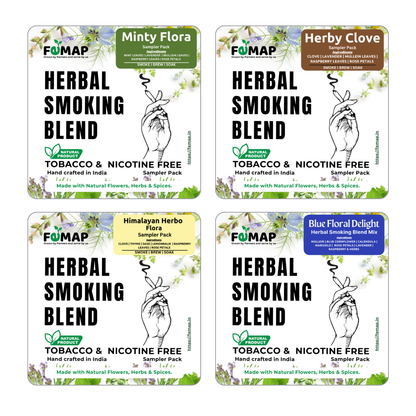 Set of FEMAP herbal smoking blend packages with different flavors on a white background.