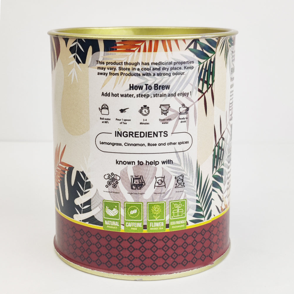 Back label of FEMAP Detox Tea Loose showing ingredients, nutrition information, storage instructions.