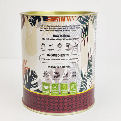 Back label of FEMAP Detox Tea Loose showing ingredients, nutrition information, storage instructions.