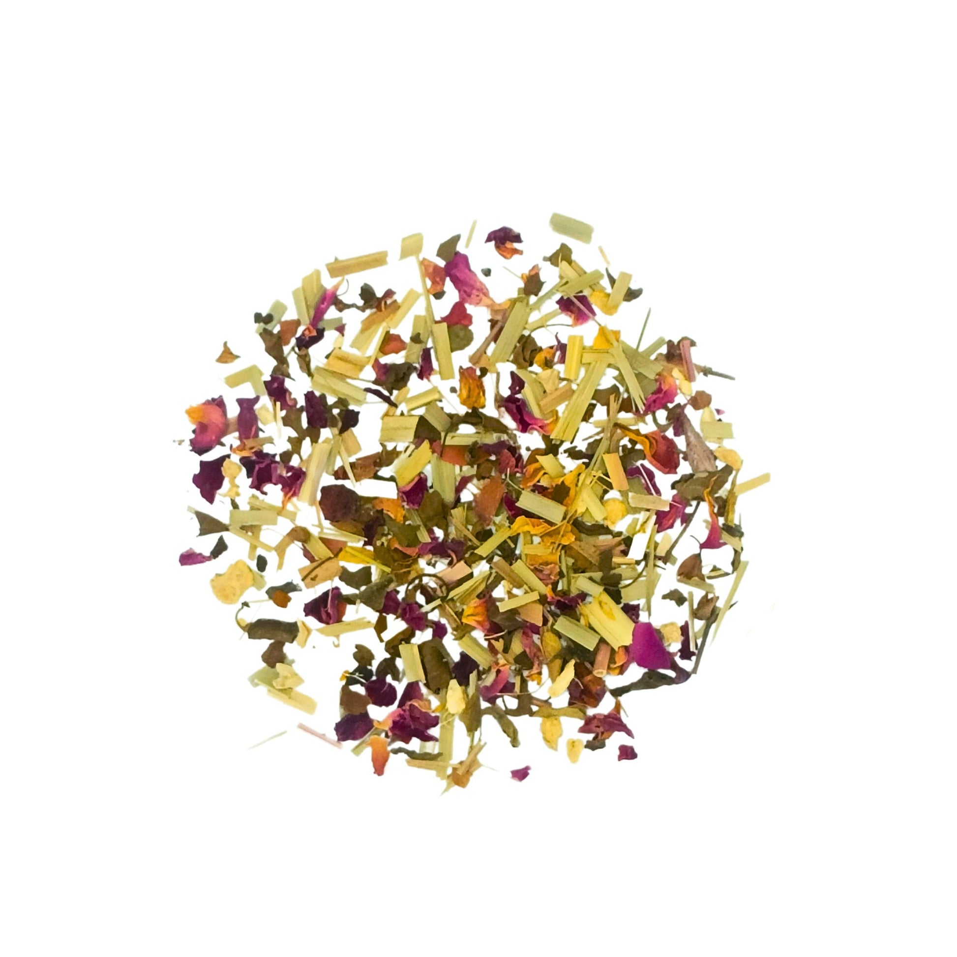 Close‑up of ingredients in FEMAP detox tea – lemongrass, rose petals, ginger, cinnamon and other herbs
