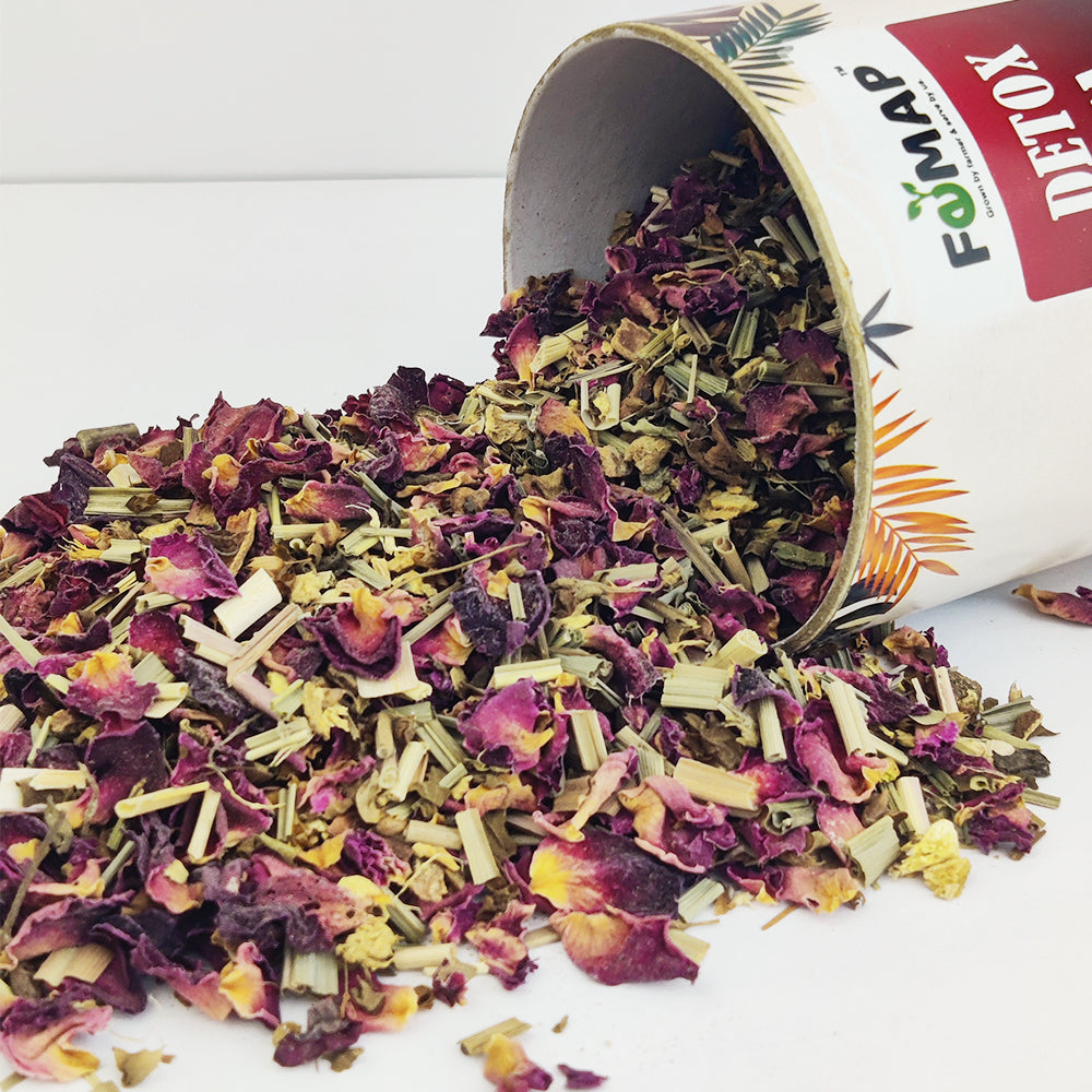 Close‑up of ingredients in FEMAP detox tea – lemongrass, rose petals, ginger, cinnamon and other herbs outside the box