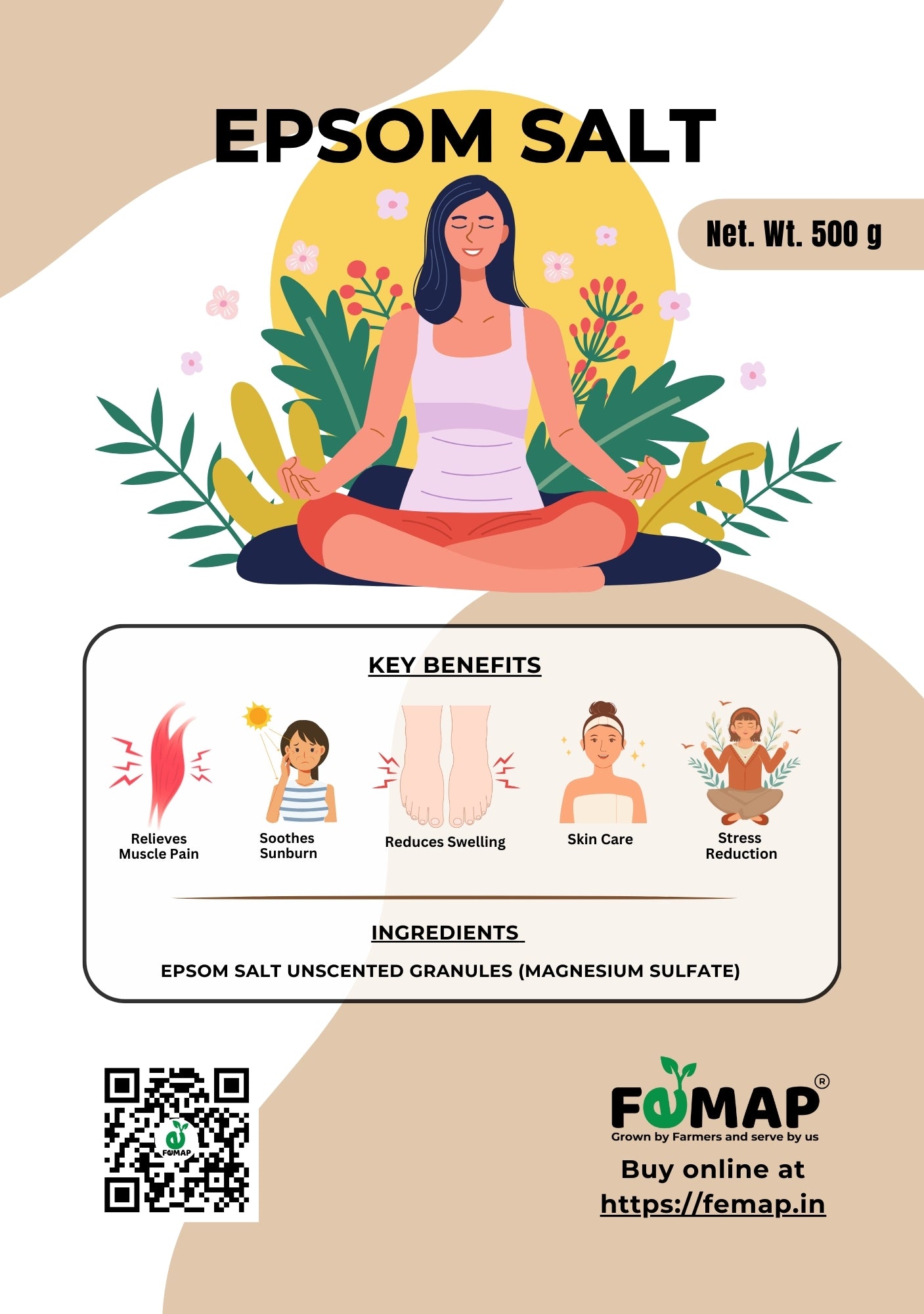 FEMAP Epsom Salt 500g pouch with 100% pure magnesium sulfate for bath spa, muscle pain relief, and gardening