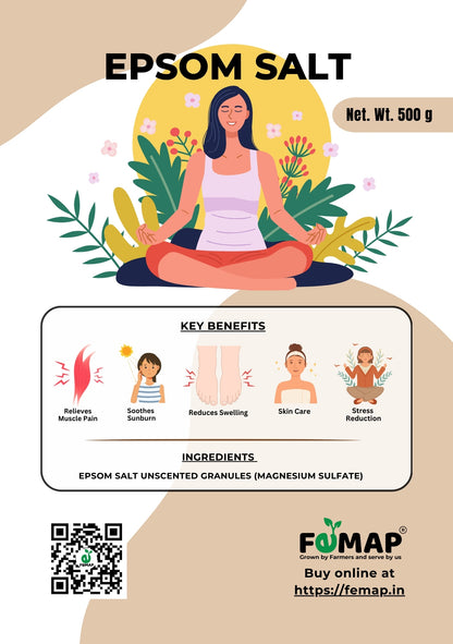 FEMAP Epsom Salt 500g pouch with 100% pure magnesium sulfate for bath spa, muscle pain relief, and gardening