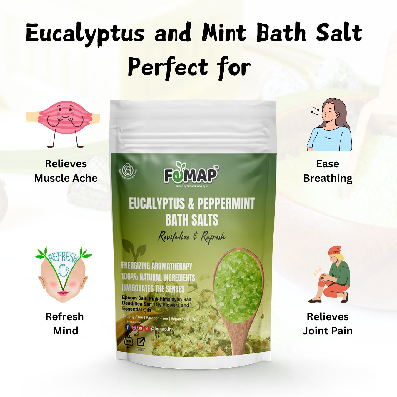 FEMAP Eucalyptus & Peppermint Bath Salts – Perfect for relieving muscle ache, easing breathing, and refreshing the mind.
