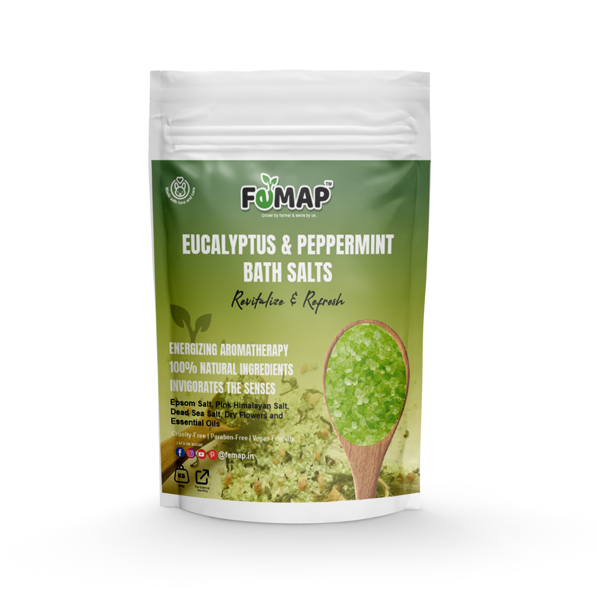 FEMAP Eucalyptus & Peppermint Bath Salts – 100% natural ingredients, revitalizing and refreshing bath salts with energizing aromatherapy.