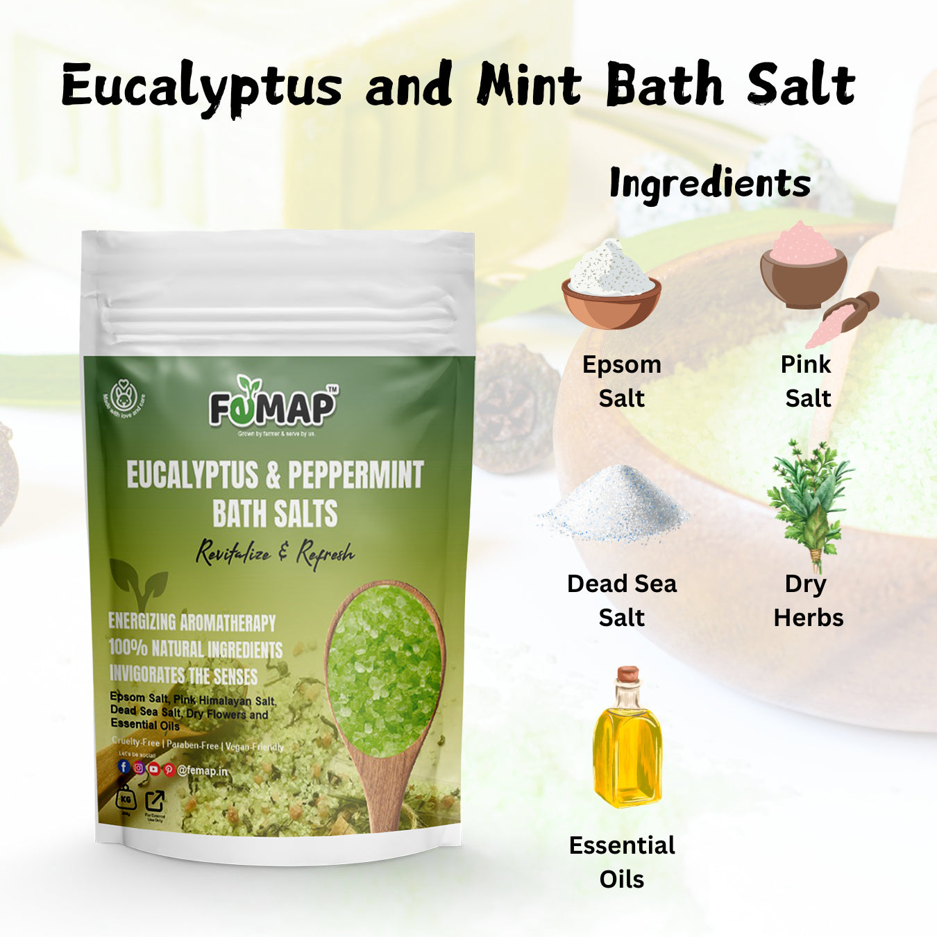 FEMAP Eucalyptus & Peppermint Bath Salts – Key ingredients: Epsom salt, pink salt, dead sea salt, dry herbs, and essential oils.