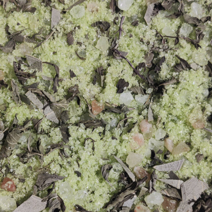 FEMAP Eucalyptus & Peppermint Bath Salts close-up – Epsom salt, pink Himalayan salt, and peppermint leaves blended for a refreshing bath.