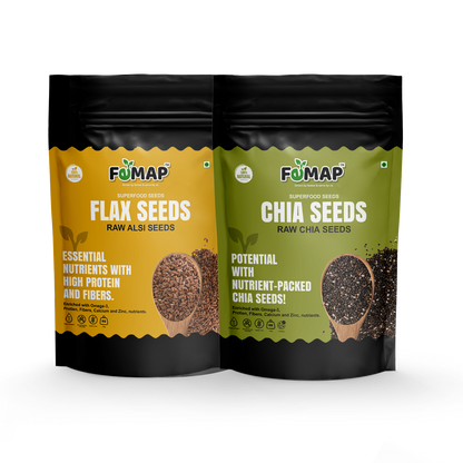 Two packages of Femap branded Flax Seeds and Chia Seeds, with the Flax Seeds in a yellow package and the Chia Seeds in a green package. Both packages have the brand logo and essential seed images.