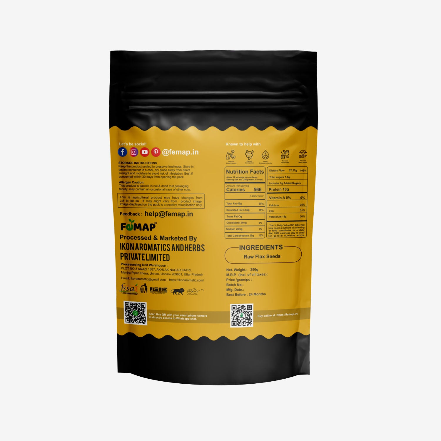 Yellow and black package with text and QR code on a white background