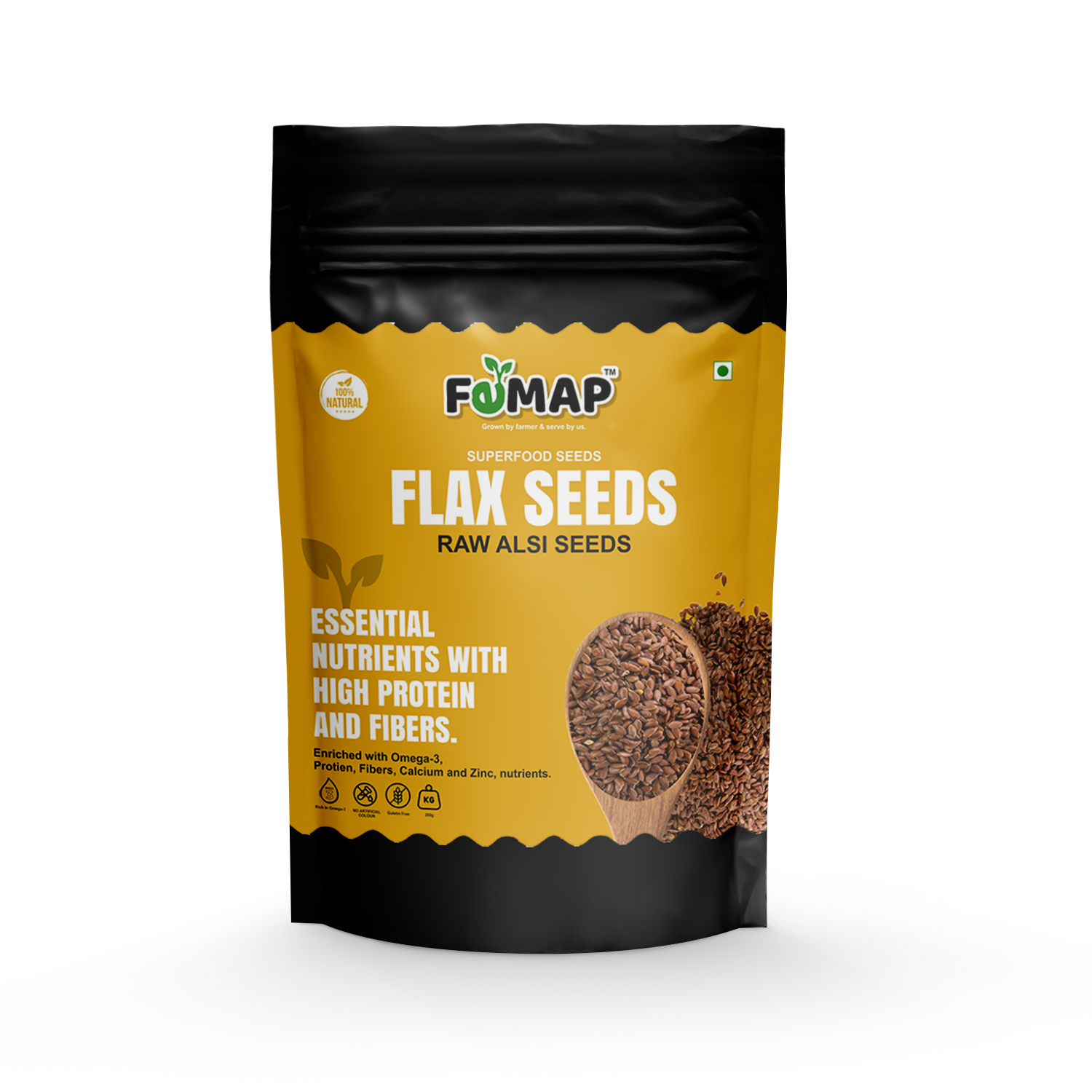 A black packaging bag with the brand name 'FEMMAP' and the product name 'FLAX SEEDS (RAW ALSI SEEDS)'. The bag is adorned with images of the seeds and a representation of a plant, highlighting the product's natural qualities.