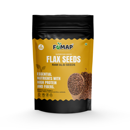 A black packaging bag with the brand name 'FEMMAP' and the product name 'FLAX SEEDS (RAW ALSI SEEDS)'. The bag is adorned with images of the seeds and a representation of a plant, highlighting the product's natural qualities.