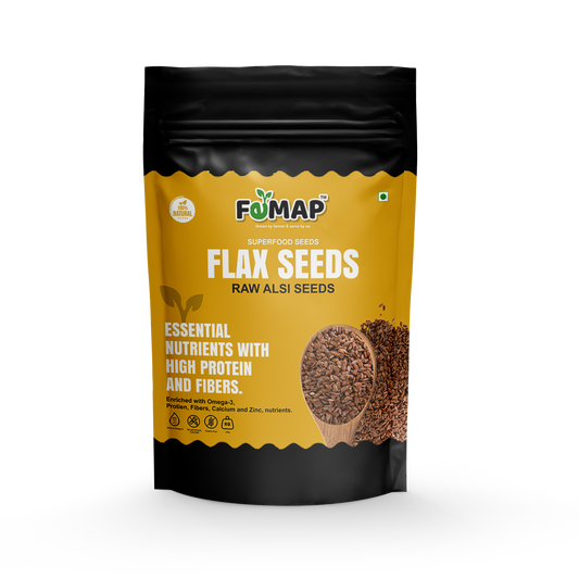 A black packaging bag with the brand name 'FEMMAP' and the product name 'FLAX SEEDS (RAW ALSI SEEDS)'. The bag is adorned with images of the seeds and a representation of a plant, highlighting the product's natural qualities.