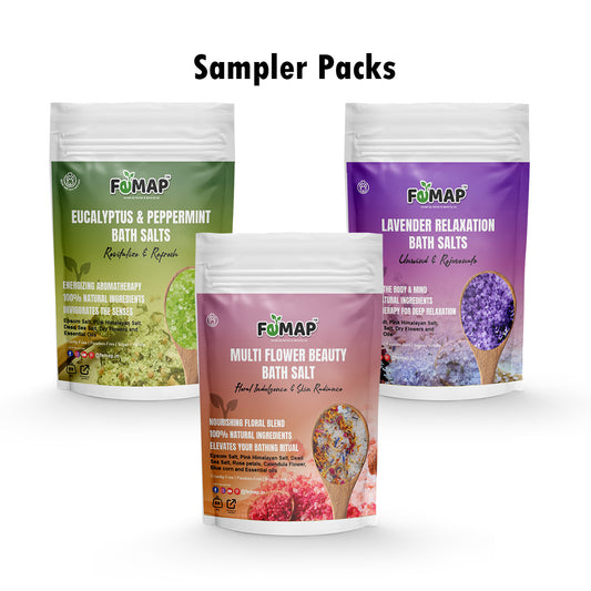Three pouches of  Femap brand bath salts. From left to right: Exfoliating Scrub Salt, Tired Feet Relief Salt, and Muscle Relaxation Salt.