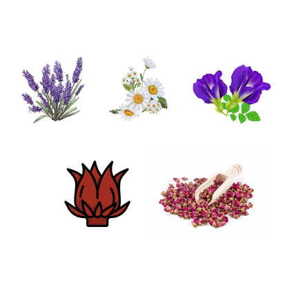 FEMAP Flower Tea Ingredients – Lavender, Chamomile, Butterfly Pea, Hibiscus, and Rose buds used in herbal flower teas for health and wellness.
