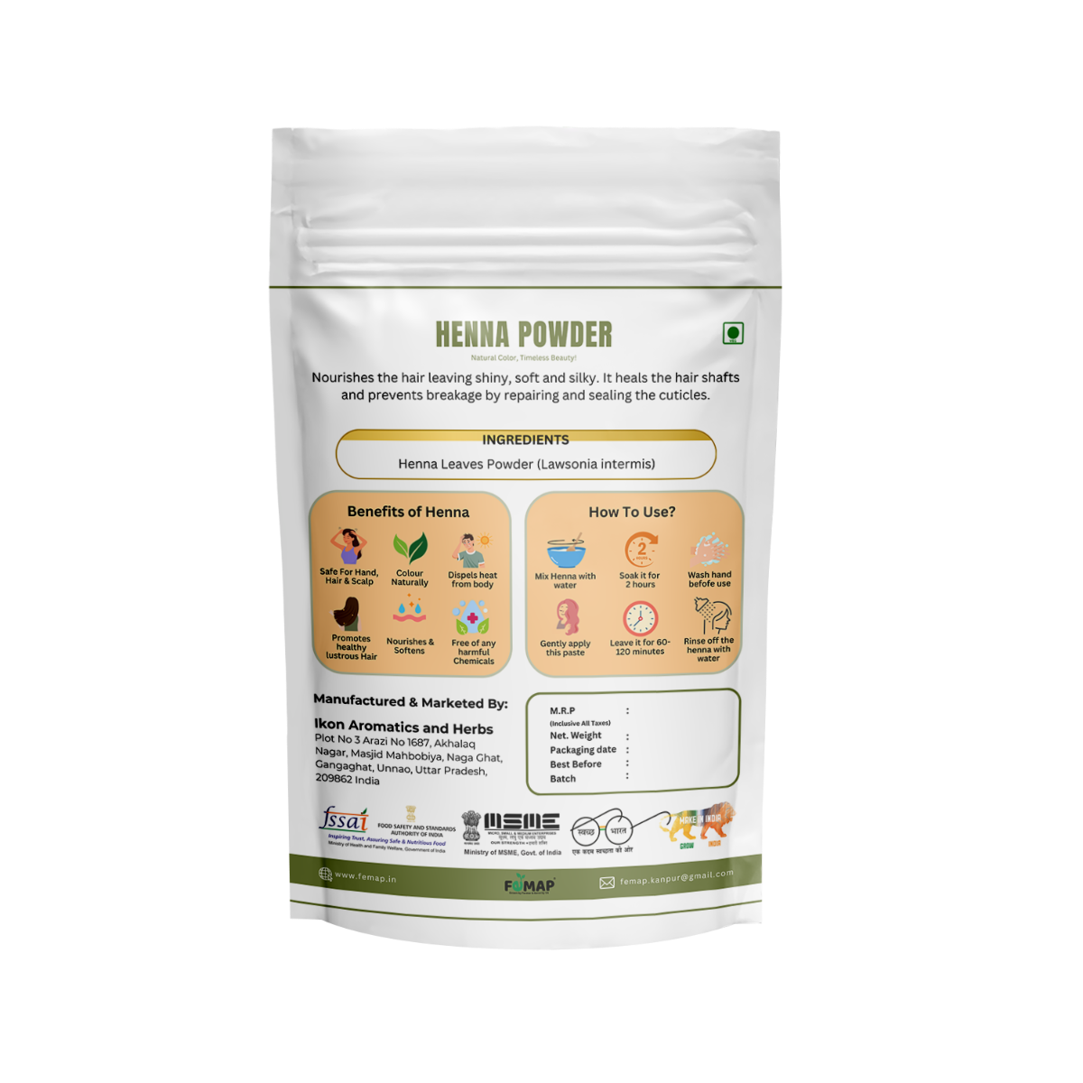Back view of FEMAP Henna Powder – ingredients, usage directions, and key benefits like no preservatives, 100% natural.