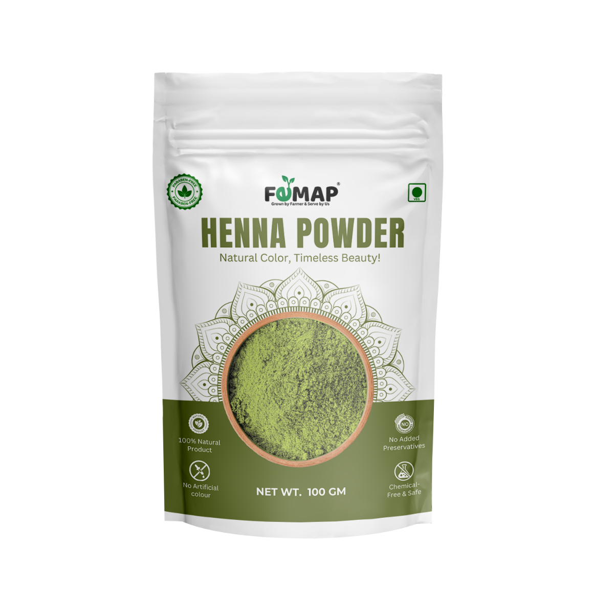 FEMAP Henna Powder – 100% natural, no artificial color, chemical-free, and safe for timeless beauty. 100 GM packaging
