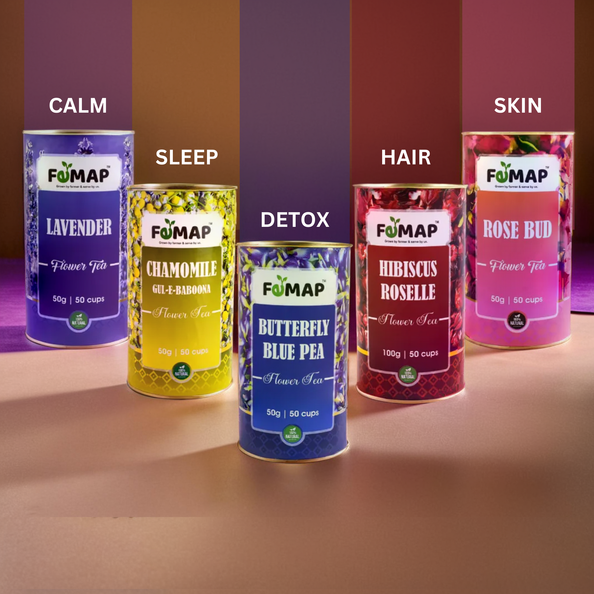 FEMAP Herbal Flower Tea Combo – Lavender for calm, Chamomile for sleep, Butterfly Pea for detox, Hibiscus for hair health, and Rose Bud for glowing skin.