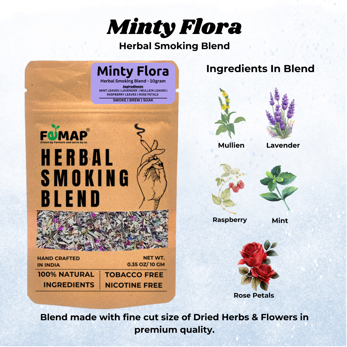 Lifestyle image showing relaxed setting with FEMAP Minty Flora herbal smoke blend pack