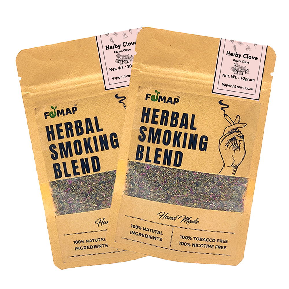 Packaging of Femap Herby Clove Herbal Smoking blend, showing the product name and the herbs contained within, in a 10g packet.