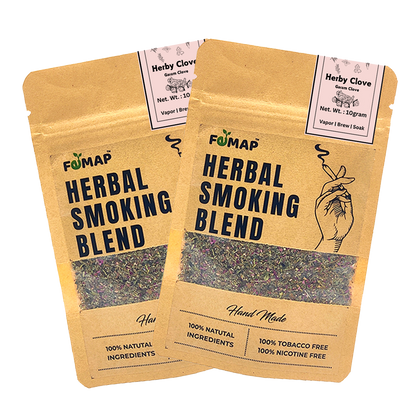 Packaging of Femap Herby Clove Herbal Smoking blend, showing the product name and the herbs contained within, in a 10g packet.