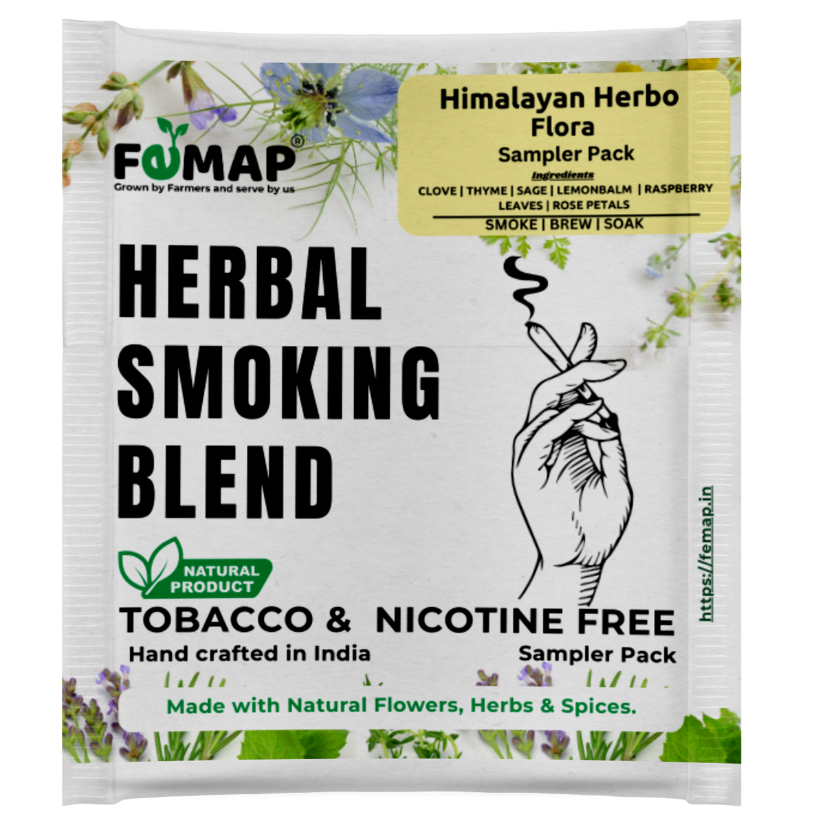 FEMAP Herbal Smoking Blend sampler pack with botanical illustrations on a white background