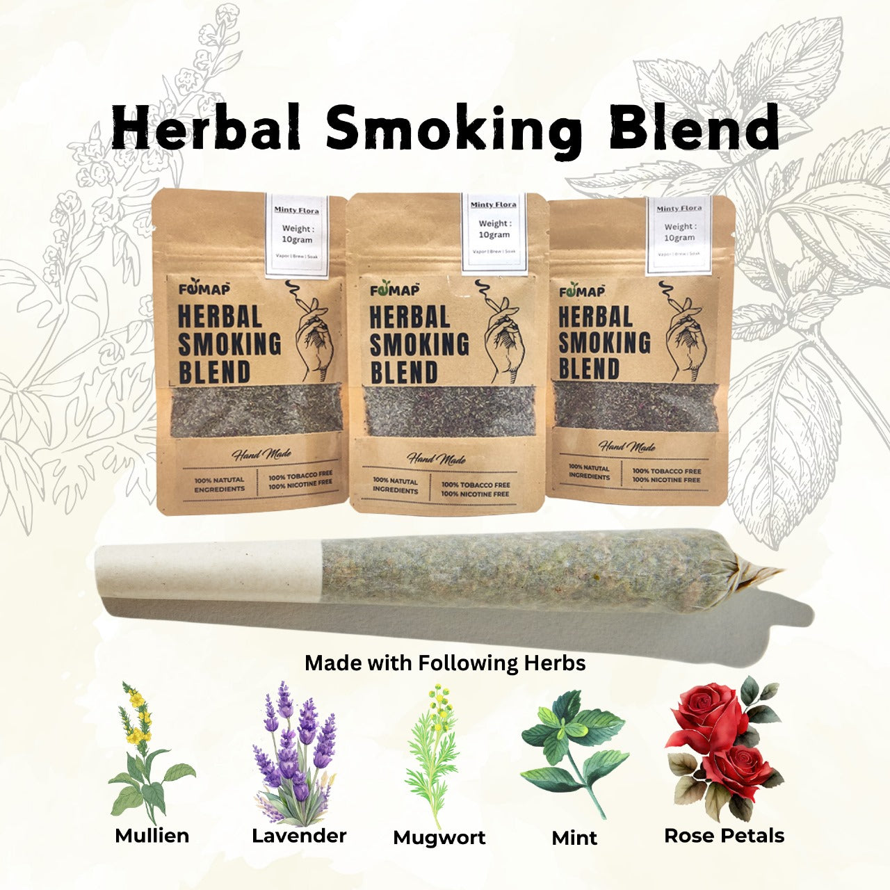 Femap Herbal Smoking Blend made with natural herbs like mint, lavender, mugwort, rose petals, and mullein – 100% tobacco and nicotine free blend for smooth herbal smoke