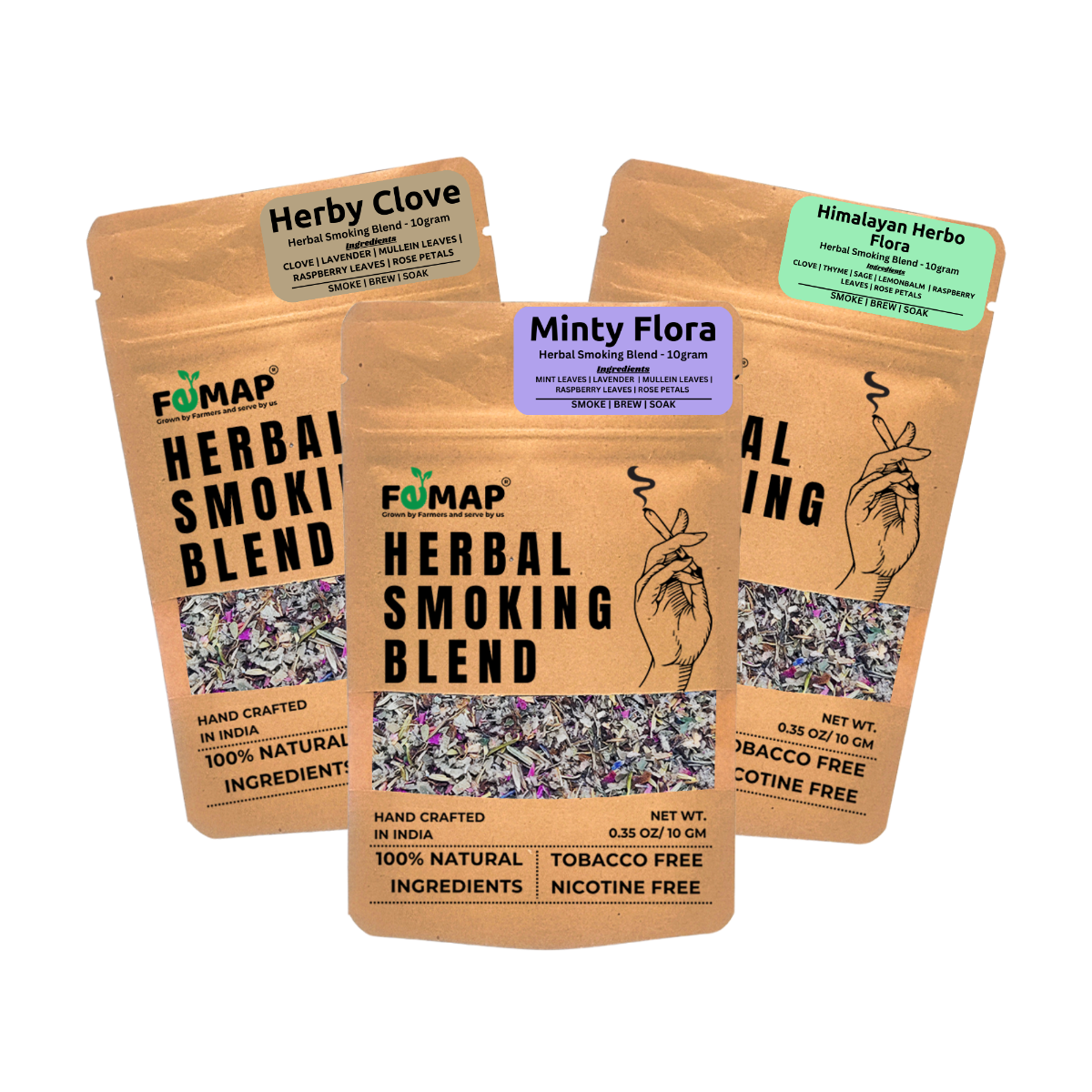 Femap Three Types of herbal smoking blend showing in 1 display