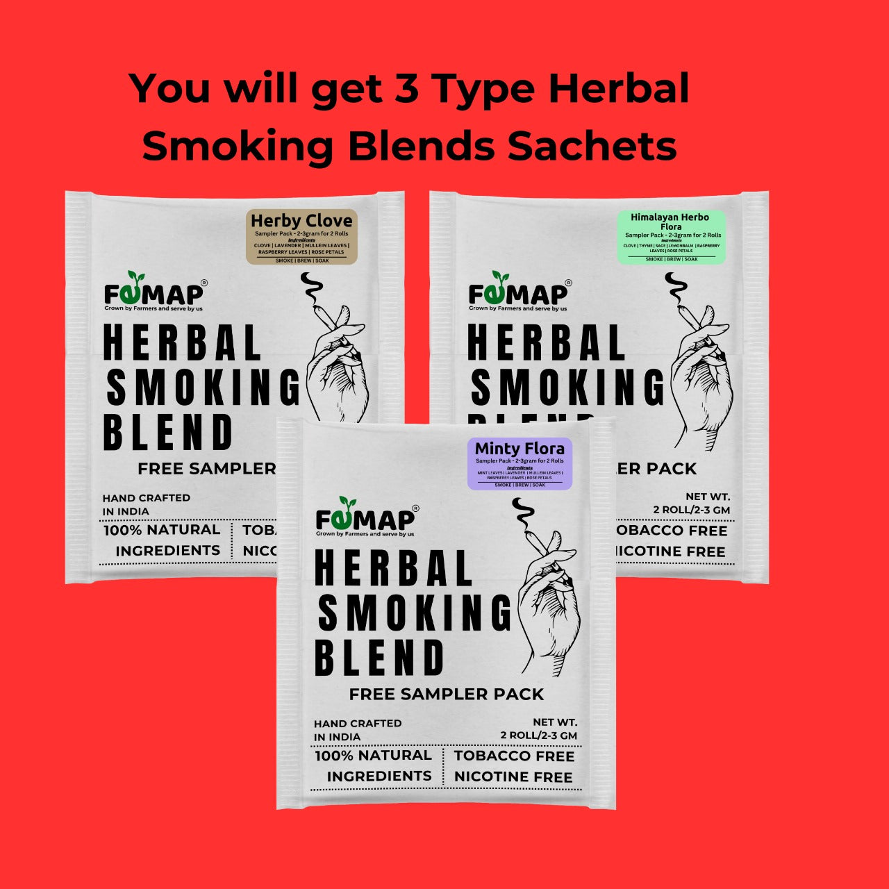FEMAP Minty Flora, Herby Clove, and Himalayan Herbo Flora herbal smoking blends in 10g packs, free from tobacco and nicotine