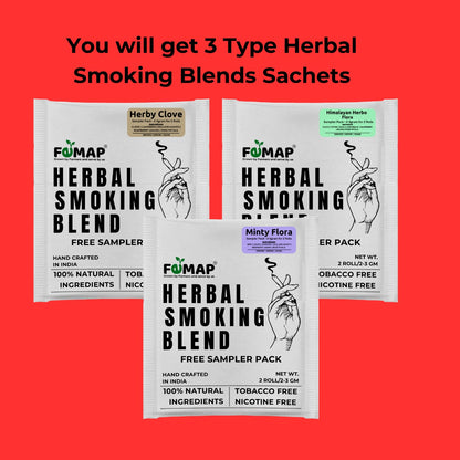 FEMAP Minty Flora, Herby Clove, and Himalayan Herbo Flora herbal smoking blends in 10g packs, free from tobacco and nicotine