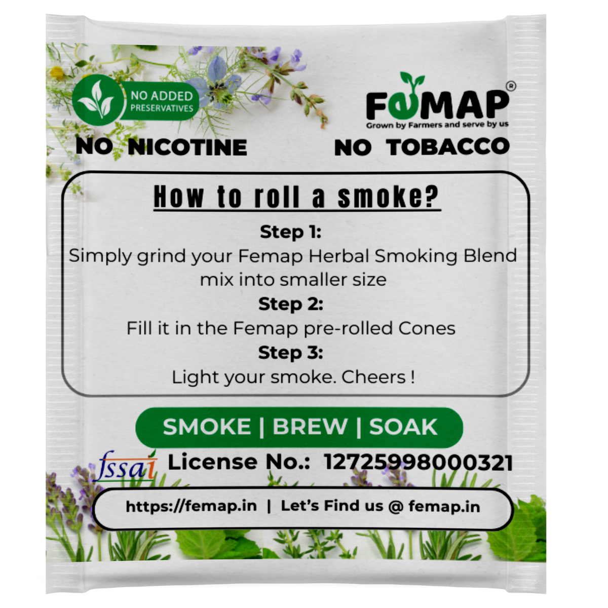 Femap herbal smoking blend packaging with instructions on how to use the product.