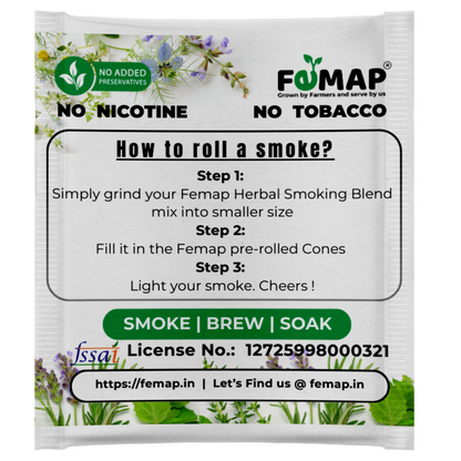 Femap herbal smoking blend packaging with instructions on how to use the product.
