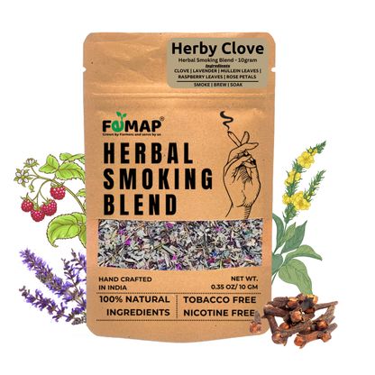 Packaging of Femap Herby Clove Smoking blend featuring images of natural herbs and flowers such as raspberry leaves and mullein, indicating the ingredients of the smoking blend.