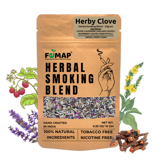 Packaging of Femap Herby Clove Smoking blend featuring images of natural herbs and flowers such as raspberry leaves and mullein, indicating the ingredients of the smoking blend.