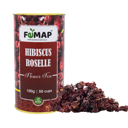 Femap Hibiscus Roselle Flower Tea 100g tin with dried hibiscus petals, 100% natural herbal tea for 50 cups