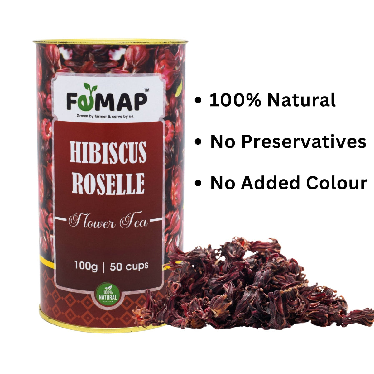 Femap Hibiscus Sabdariffa Roselle Flower Tea 100g tin with dried petals, 100% natural caffeine-free herbal tea.