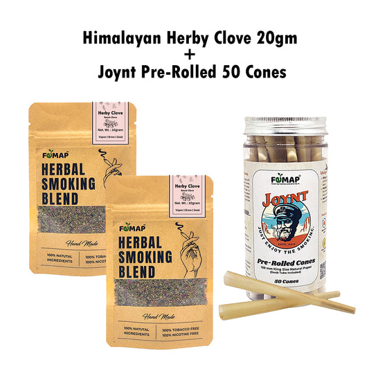 The image shows a product called 'Femap Himalayan Herby Clove', which includes 20g of himbal smoking blend and 50 pre-rolled paper cones. The package has a himalayan herb theme with graphics depicting a smoking experience.