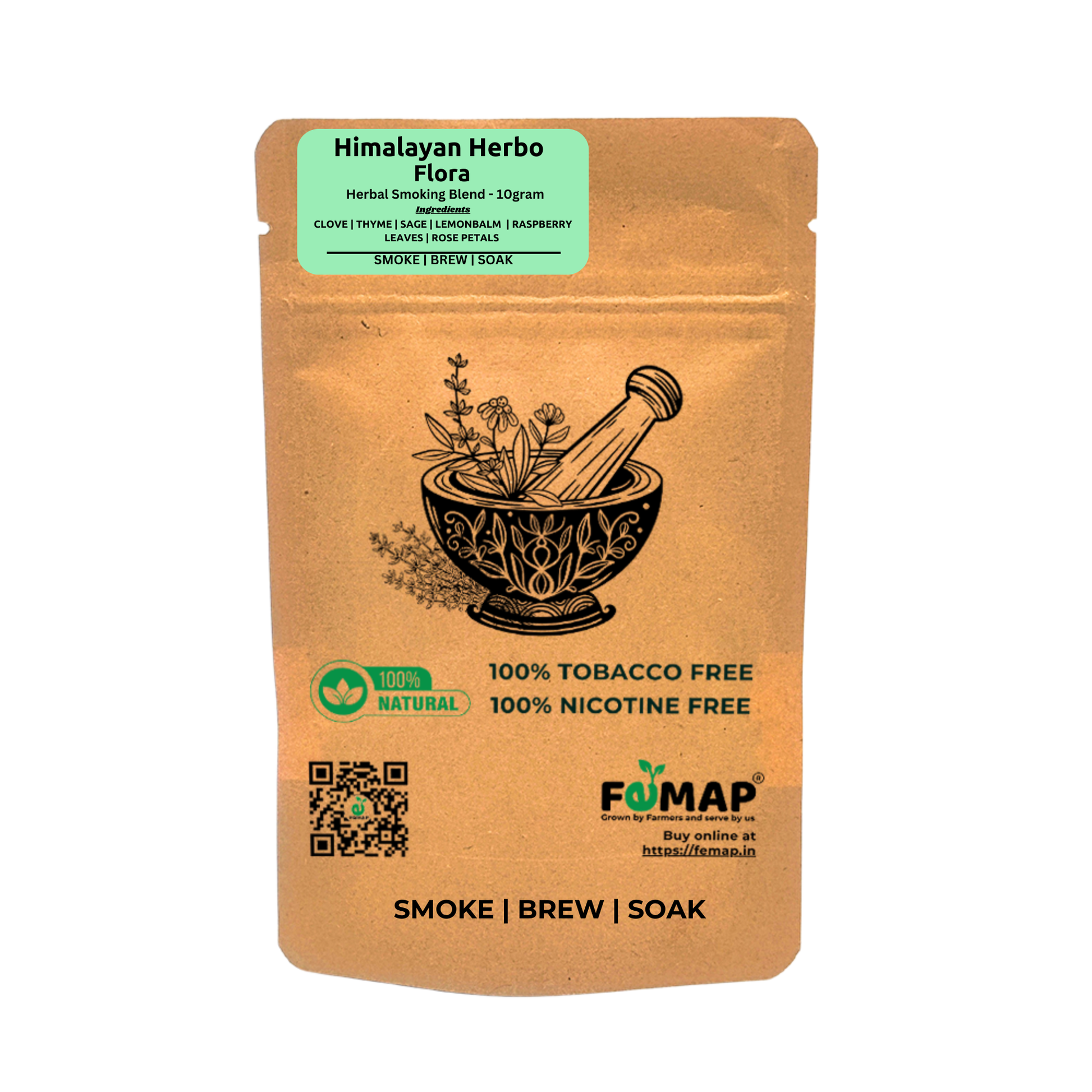 FEMAP Herby Clove Herbal Smoking Blend pouch with illustrated mortar and pestle, labeled as 100% tobacco-free and nicotine-free, with ingredients including clove, lavender, mullein leaves, raspberry leaves, and rose petals