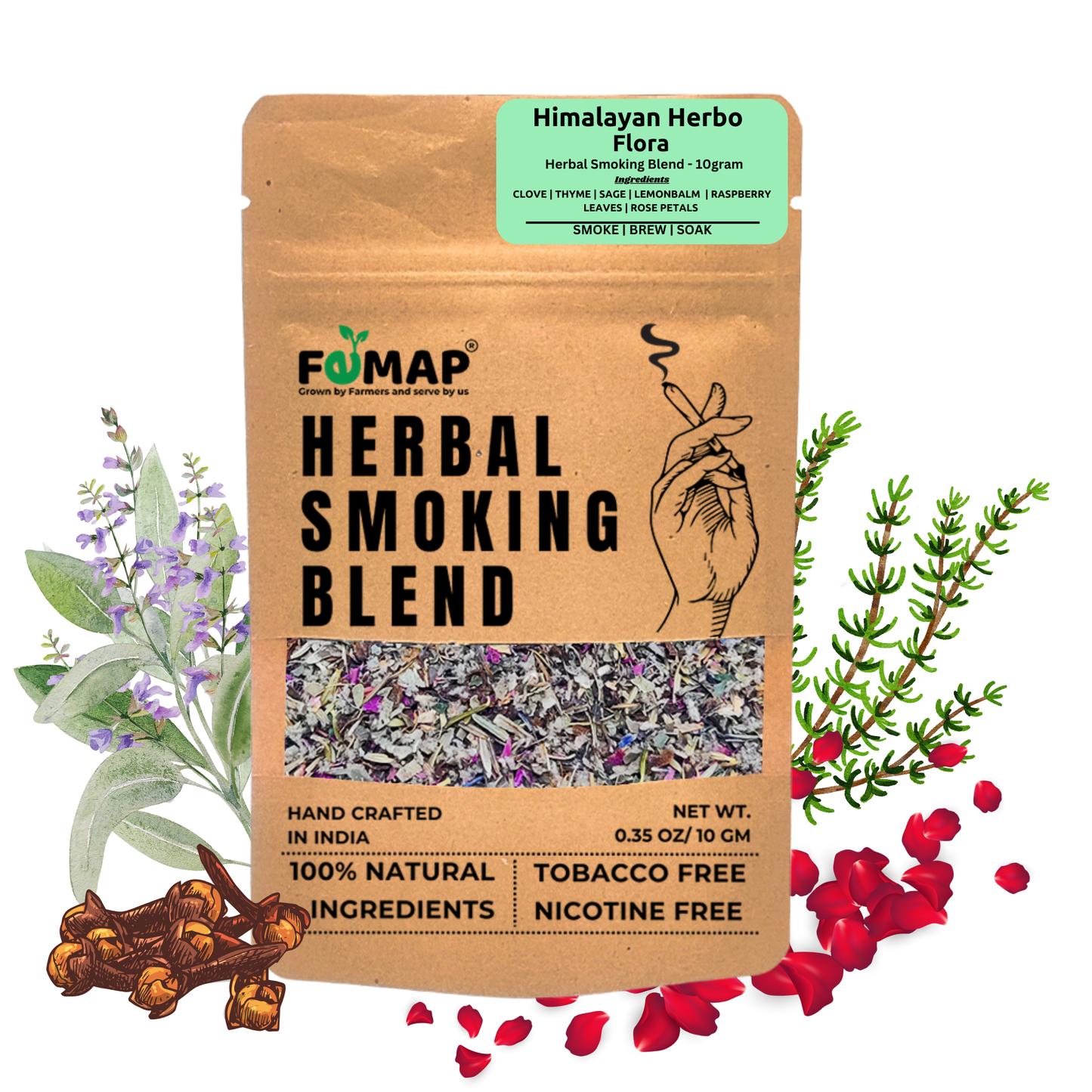 Packaging of Femap Himalayan Herbo Flora herbal smoking blend, displaying the product name, a hand illustration, and natural herbs used in the blend.
