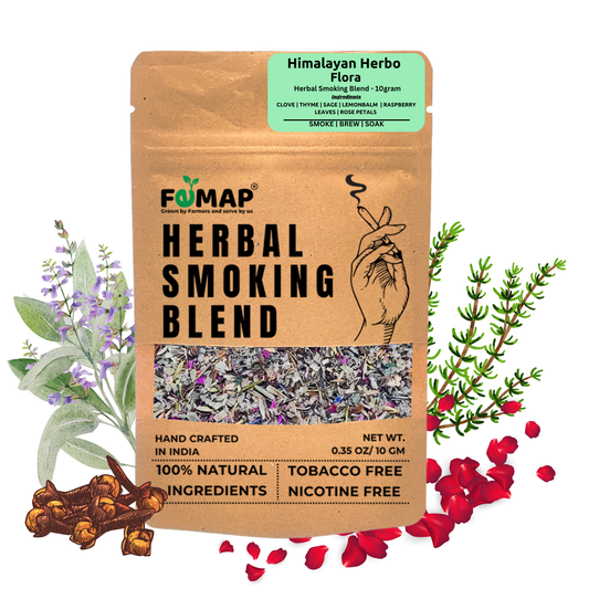 Packaging of Femap Himalayan Herbo Flora herbal smoking blend, displaying the product name, a hand illustration, and natural herbs used in the blend.