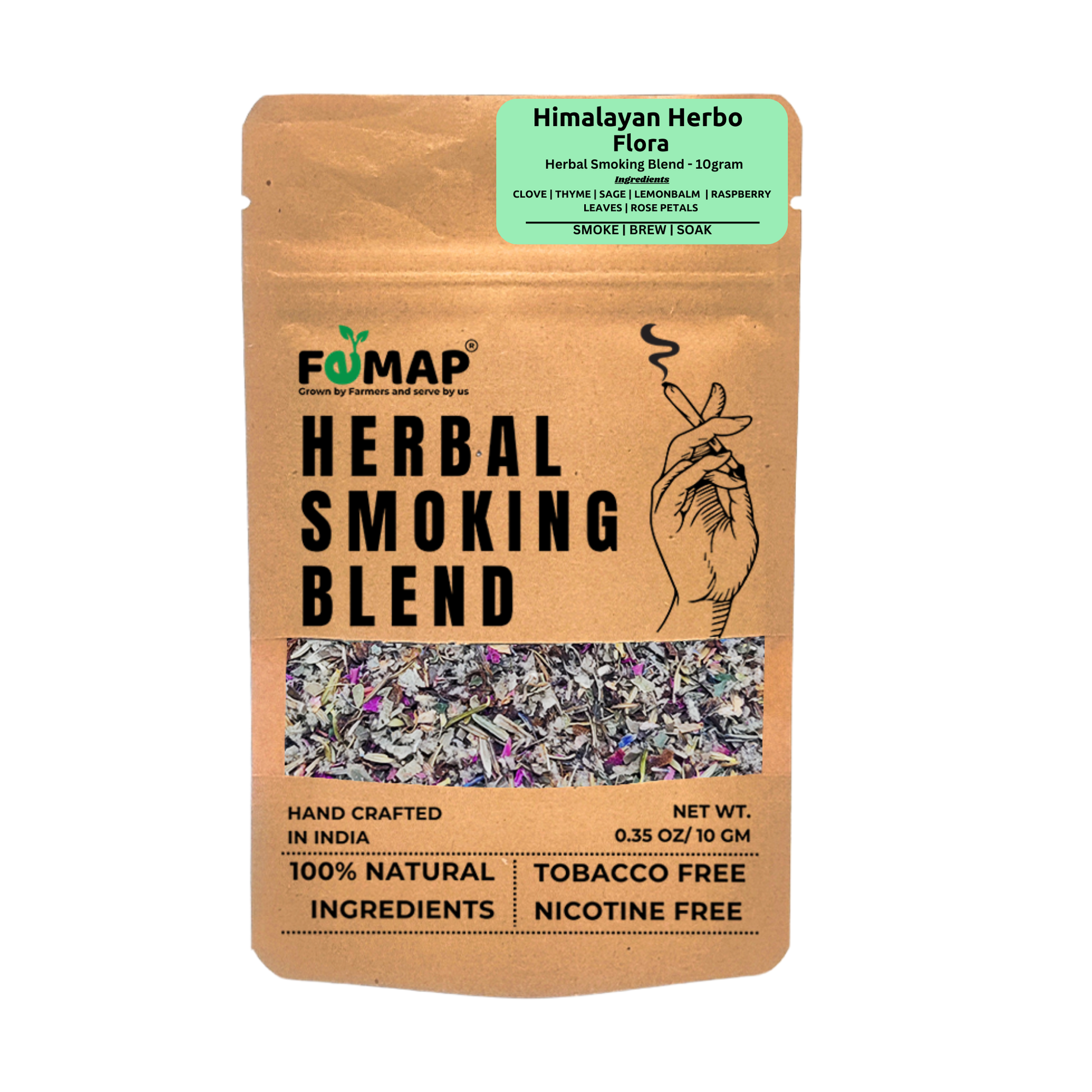 front view of femap himlayan herby flora herbal smoking blend 100% natural and tobacco free
